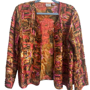 Vintage Chicos Top size 1 Multicolor Cardigan Open Silk Applique Art to Wear‎